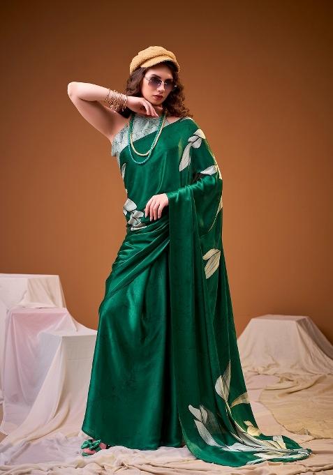 Green Floral Print Silk Blend Saree Set