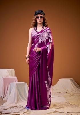 Pink Floral Print Silk Blend Saree Set