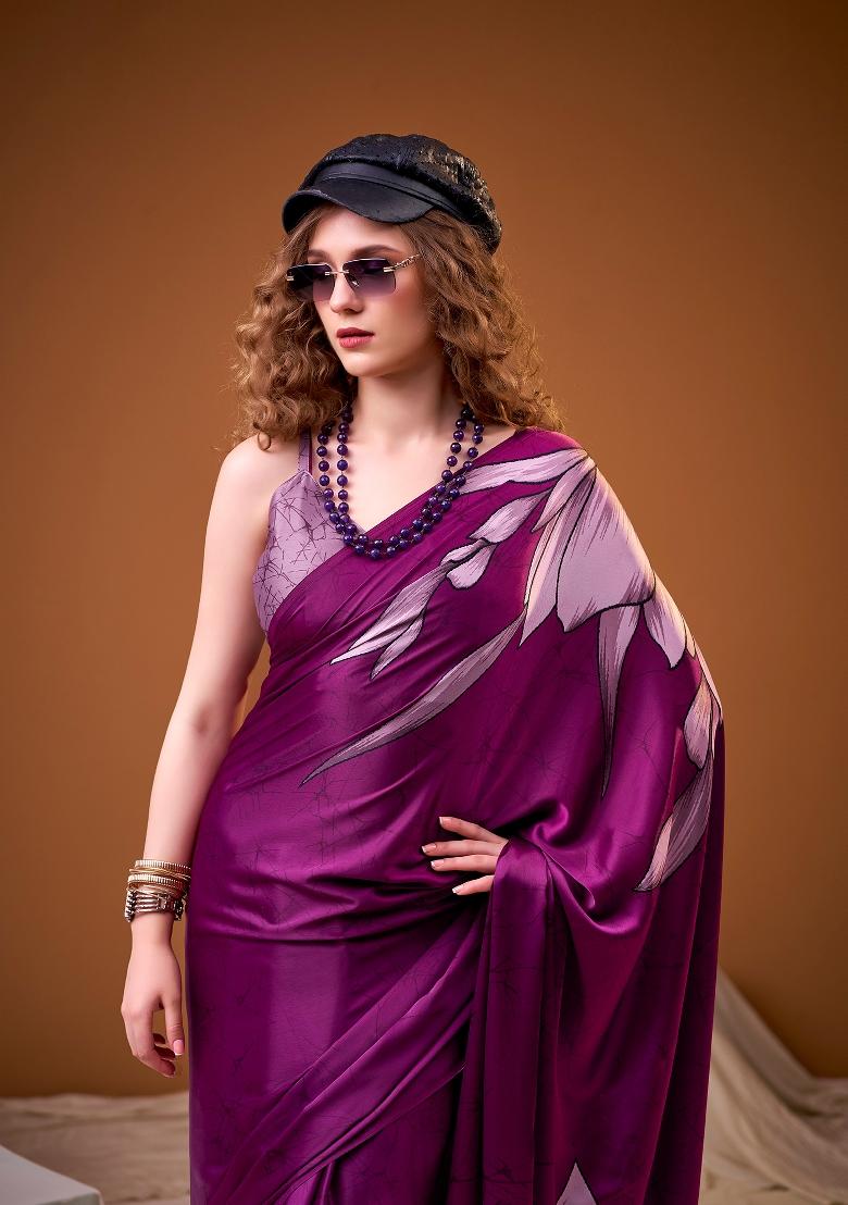 Pink Floral Print Silk Blend Saree Set - Indya