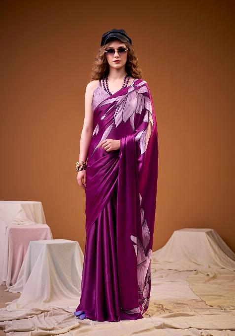 Pink Floral Print Silk Blend Saree Set