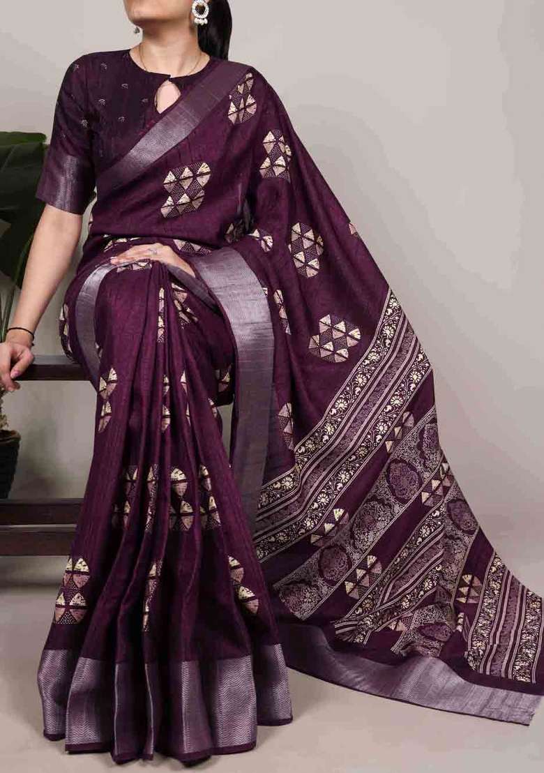 Wine Printed Silk Blend Saree Set for Diwali and Festive Wear - Indya
