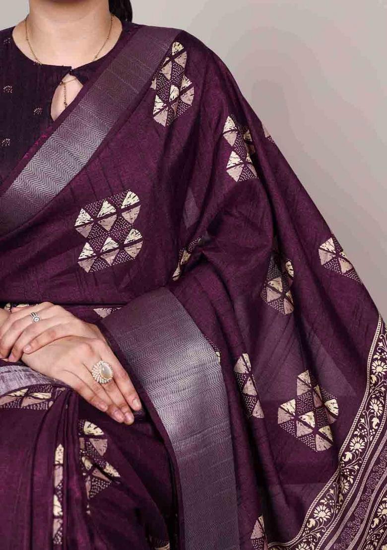 Wine Printed Silk Blend Saree Set - Indya