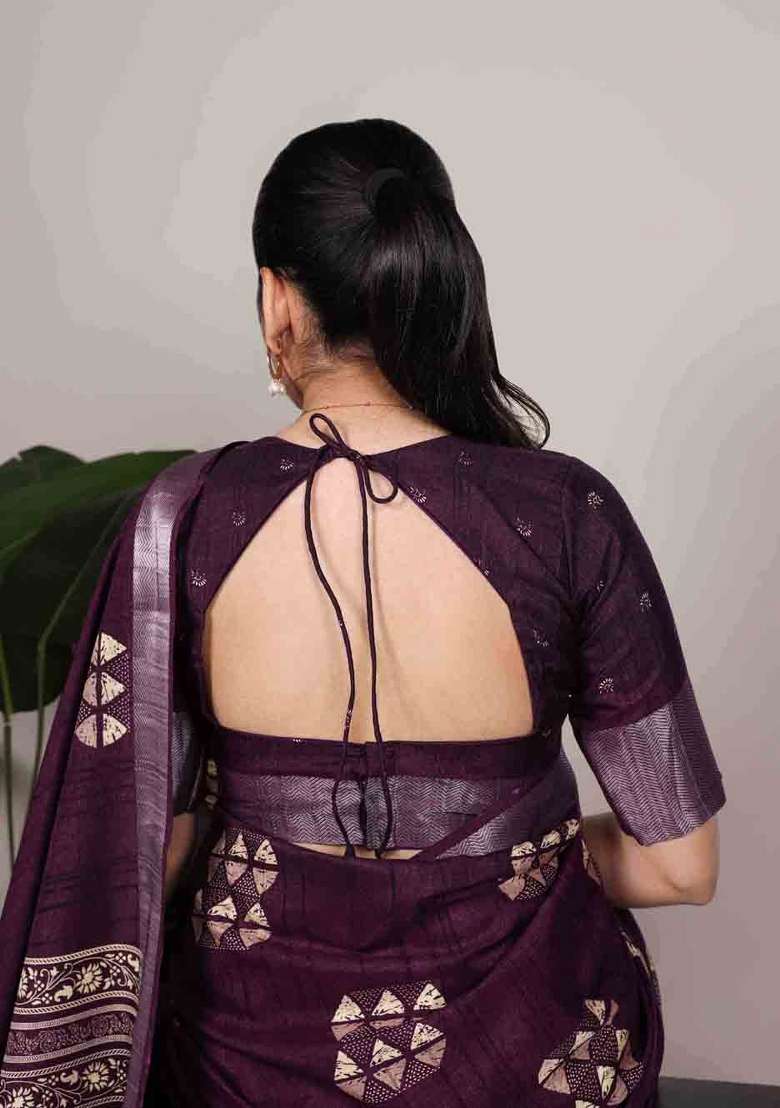 Wine Printed Silk Blend Saree Set for Diwali and Festive Wear - Indya