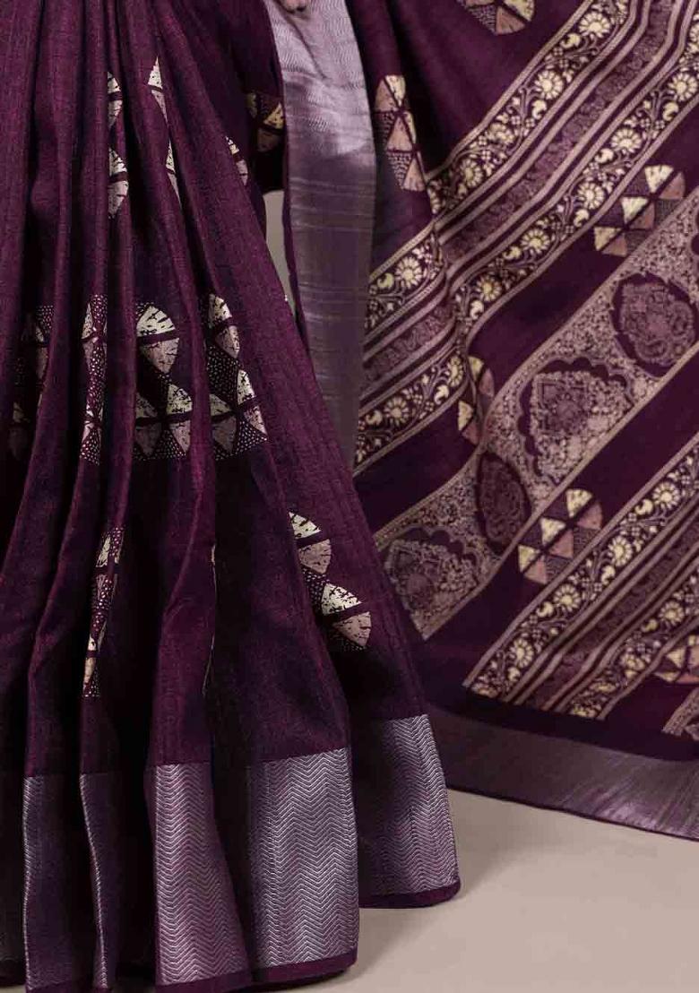 Wine Printed Silk Blend Saree Set - Indya