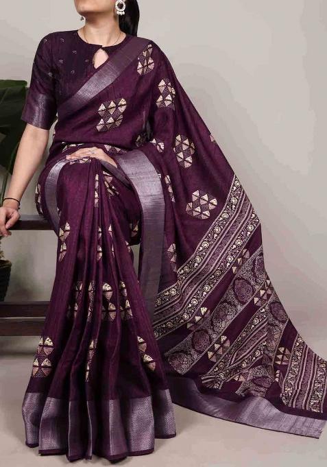 Wine Printed Silk Blend Saree Set