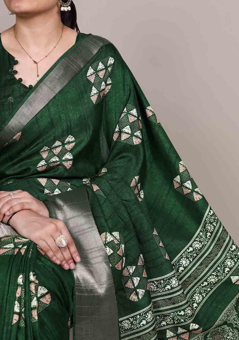 Green Printed Silk Blend Saree Set - Indya