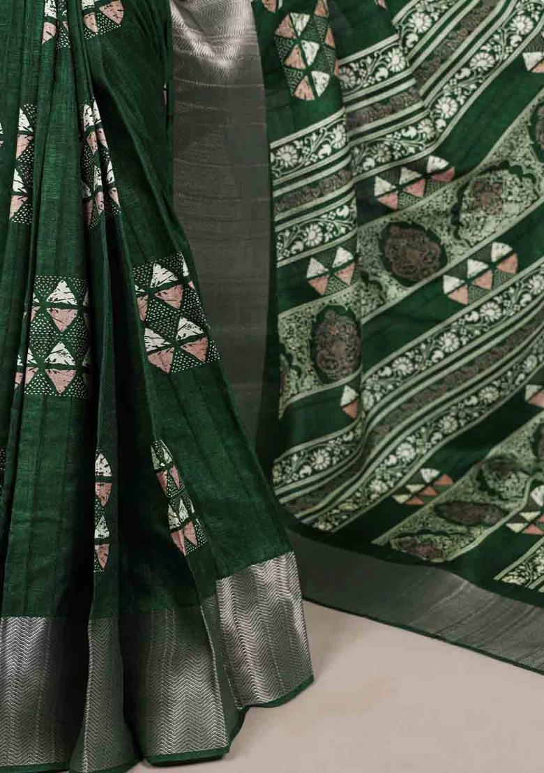 Green Printed Silk Blend Saree Set - Indya
