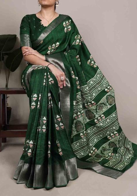 Green Printed Silk Blend Saree Set