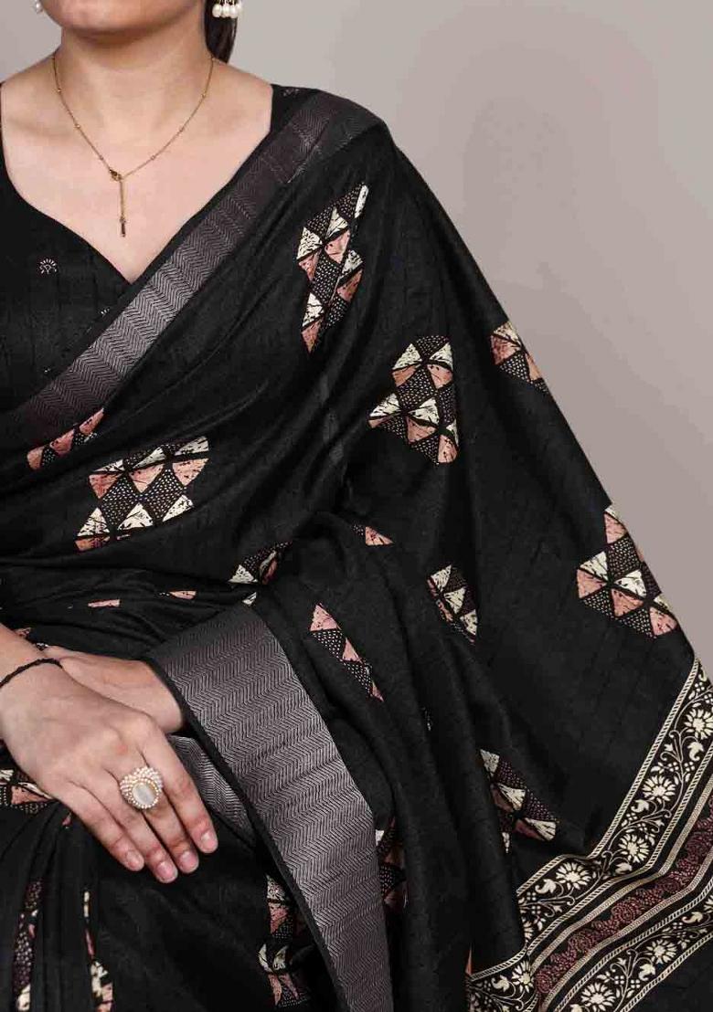 Black Printed Silk Blend Saree Set - Indya