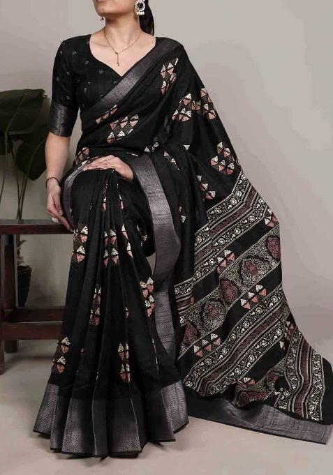 Black Printed Silk Blend Saree Set