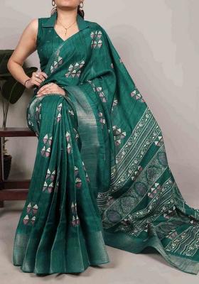 Pine Green Printed Silk Blend Saree Set