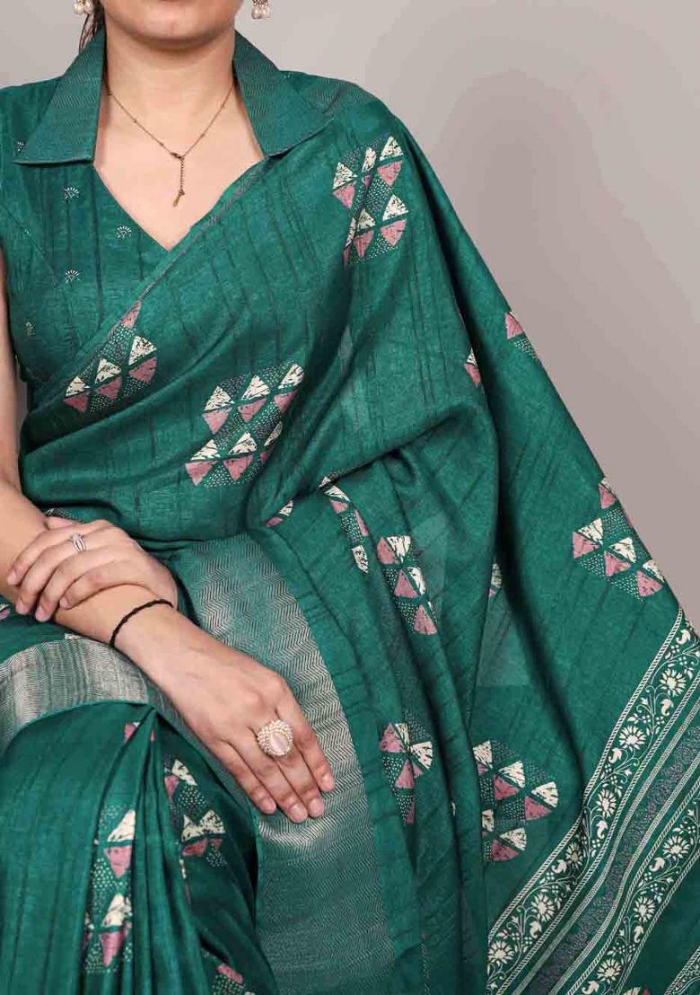 Pine Green Printed Silk Blend Saree Set - Indya