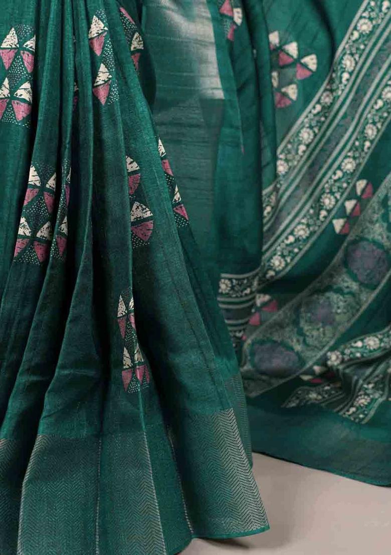 Pine Green Printed Silk Blend Saree Set - Indya