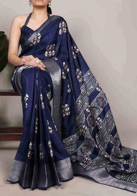 Navy Blue Printed Silk Blend Saree Set