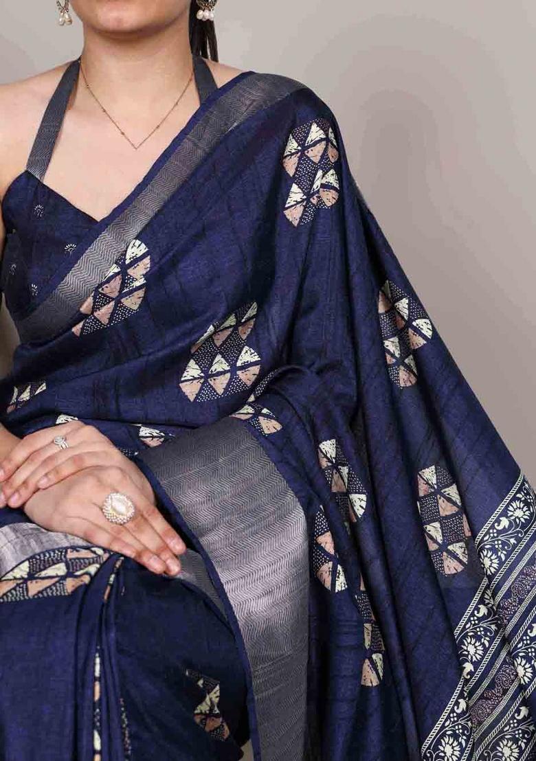 Navy Blue Printed Silk Blend Saree Set - Indya