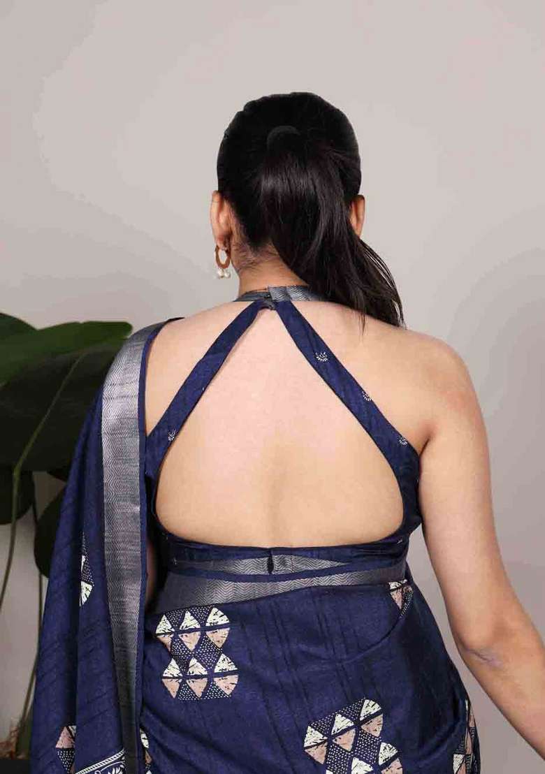 Navy Blue Silk Blend Saree Set with Printed for Diwali | Wedding & Festive Wear - Indya