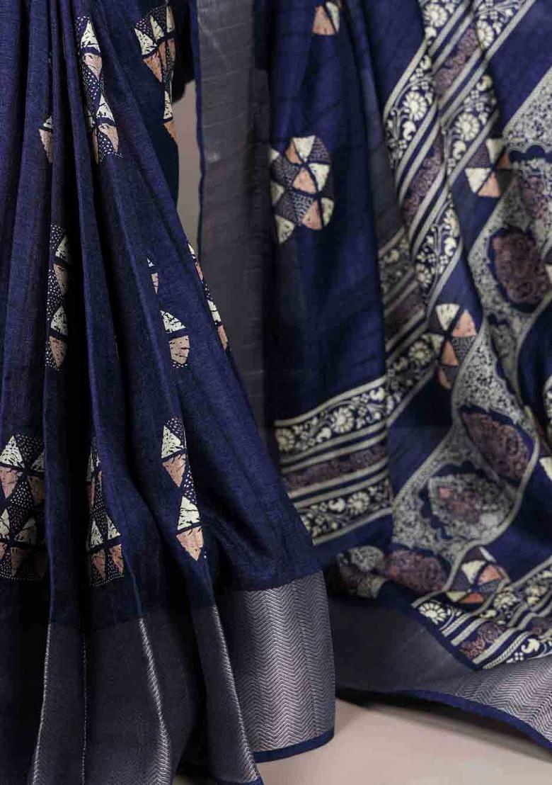 Navy Blue Printed Silk Blend Saree Set - Indya