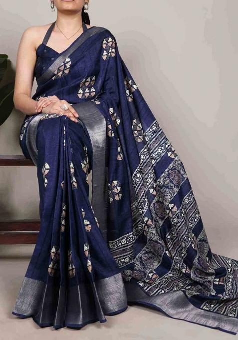 Navy Blue Printed Silk Blend Saree Set