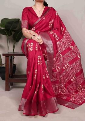 Cherry Red Printed Silk Blend Saree Set