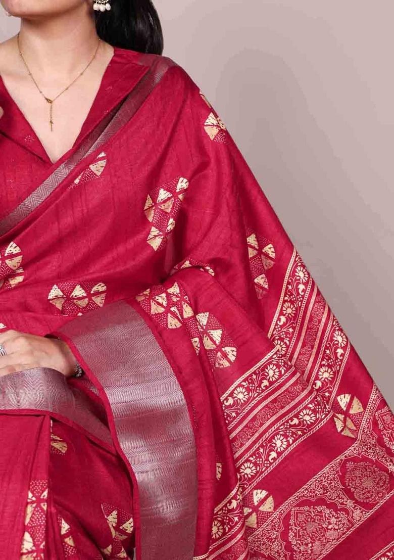 Cherry Red Printed Silk Blend Saree Set - Indya