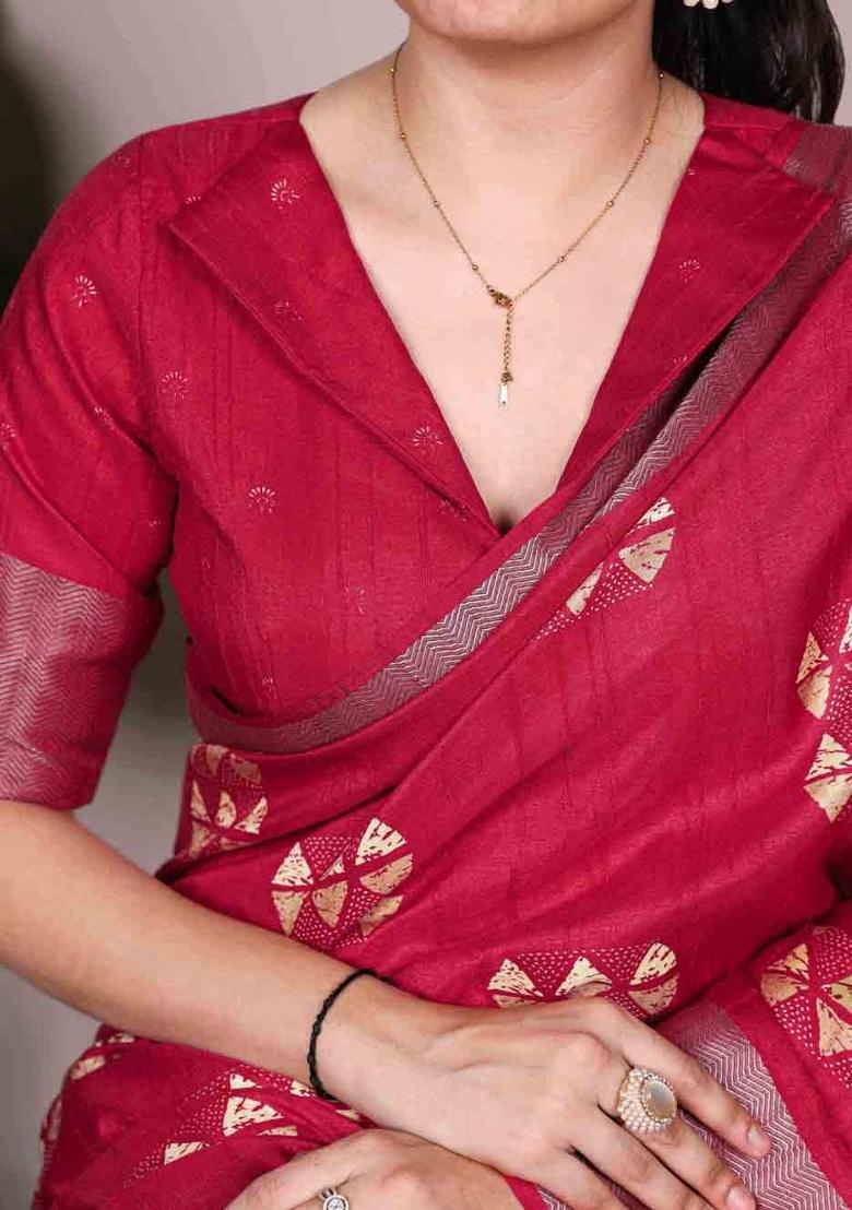 Cherry Red Printed Silk Blend Saree Set - Indya