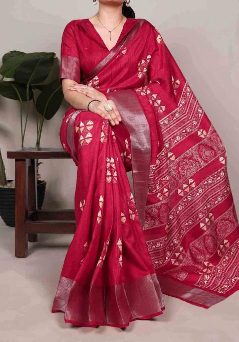 Cherry Red Printed Silk Blend Saree Set