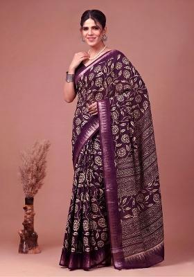 Wine Floral Print Silk Blend Saree Set