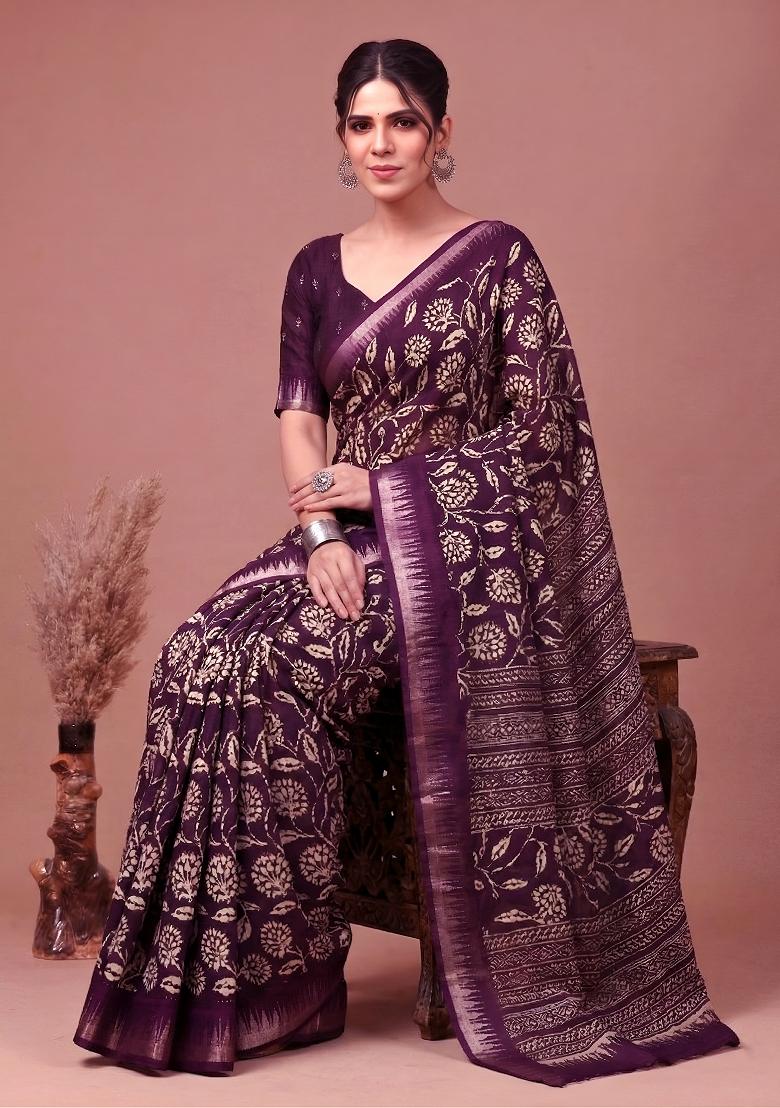 Wine Floral Print Silk Blend Saree Set - Indya