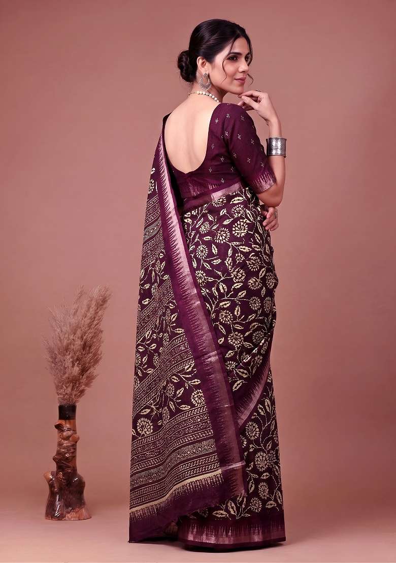 Wine Floral Print Silk Blend Saree Set for Diwali and Festive Wear - Indya