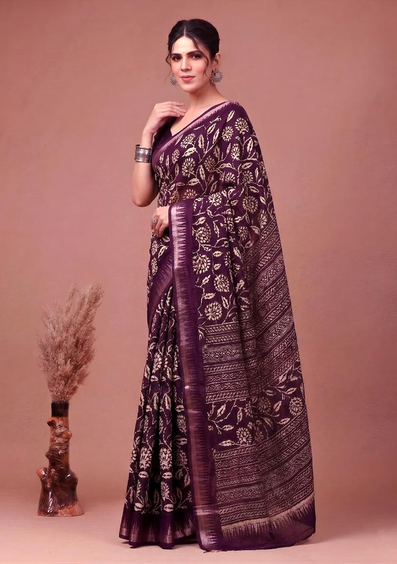 Wine Floral Print Silk Blend Saree Set - Indya
