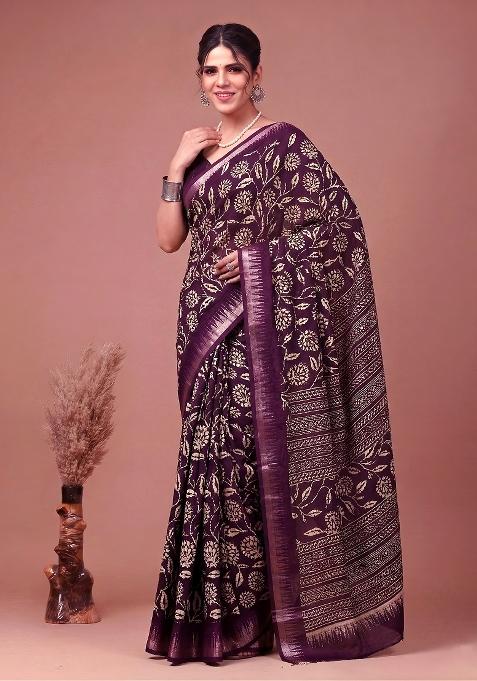 Wine Floral Print Silk Blend Saree Set