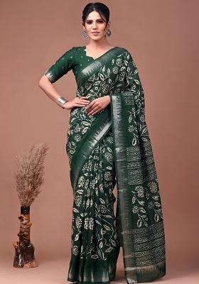 Green Floral Print Silk Blend Saree Set