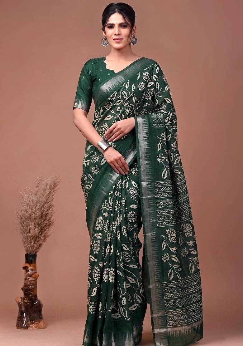 Green Floral Print Silk Blend Saree Set - Indya