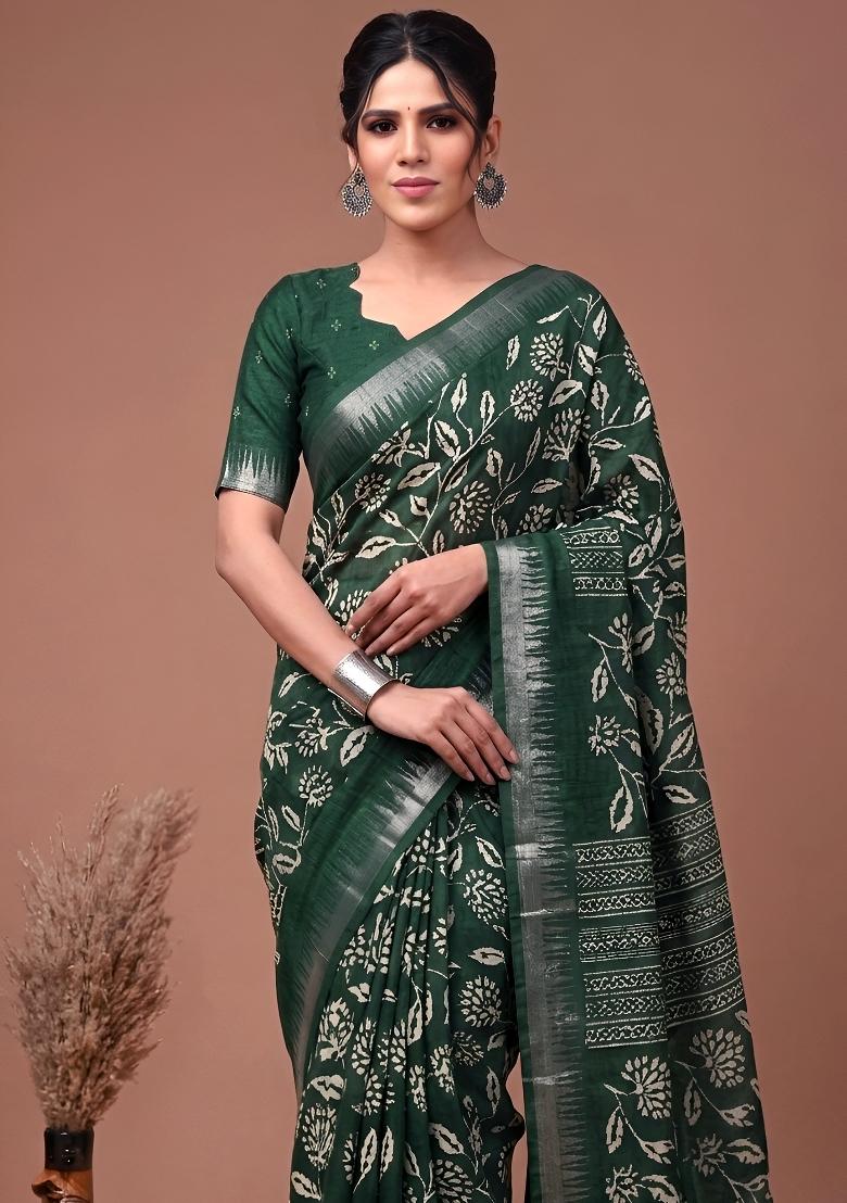 Green Floral Print Silk Blend Saree Set - Indya