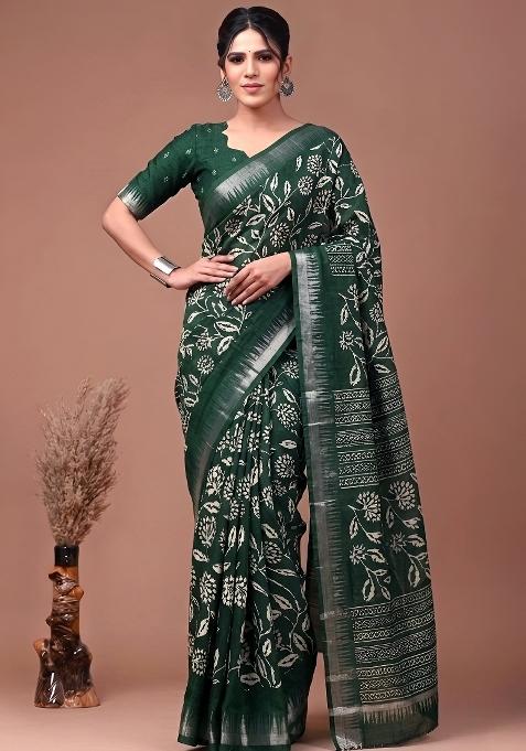 Green Floral Print Silk Blend Saree Set