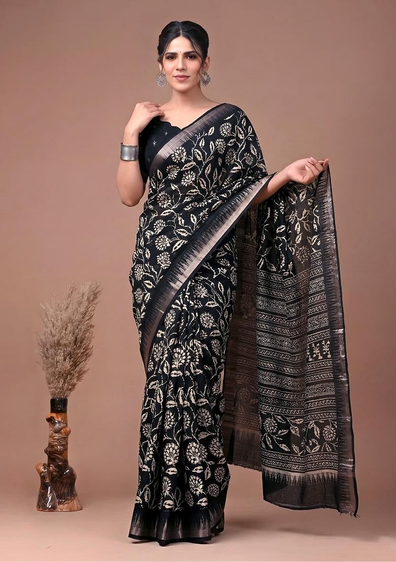 Black Floral Print Silk Blend Saree Set - Indya