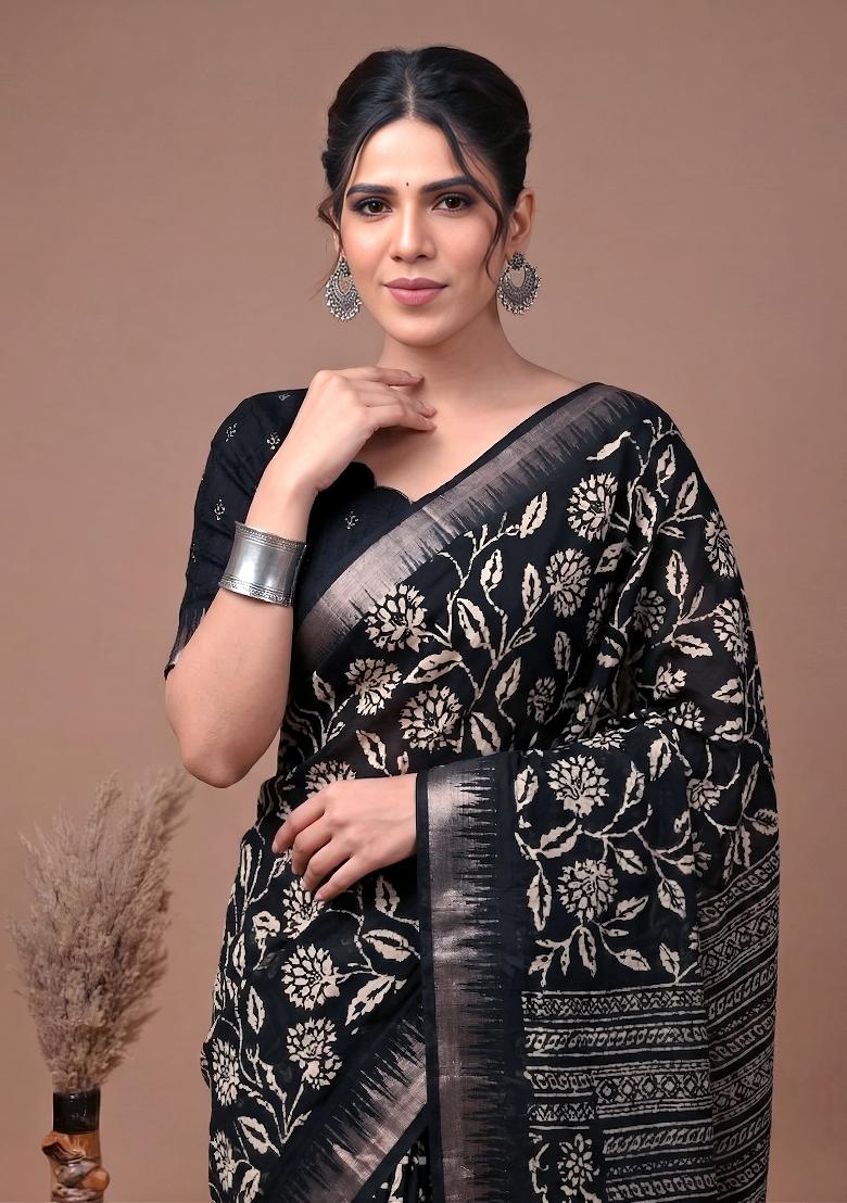 Black Floral Print Silk Blend Saree Set - Indya