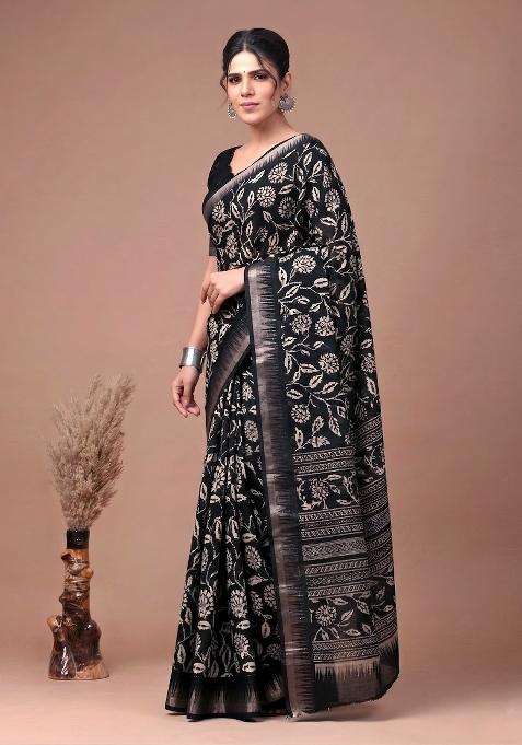 Black Floral Print Silk Blend Saree Set