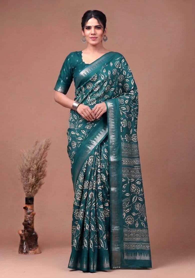 Pine Green Floral Print Silk Blend Saree Set - Indya