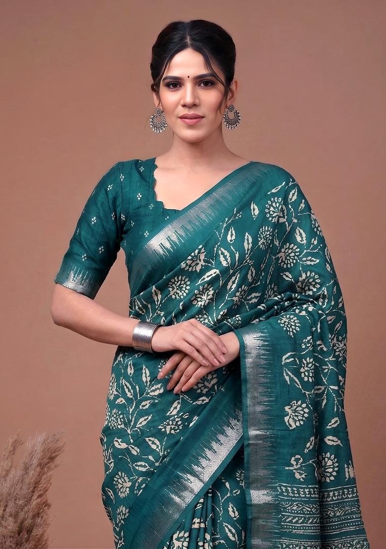 Pine Green Floral Print Silk Blend Saree Set - Indya