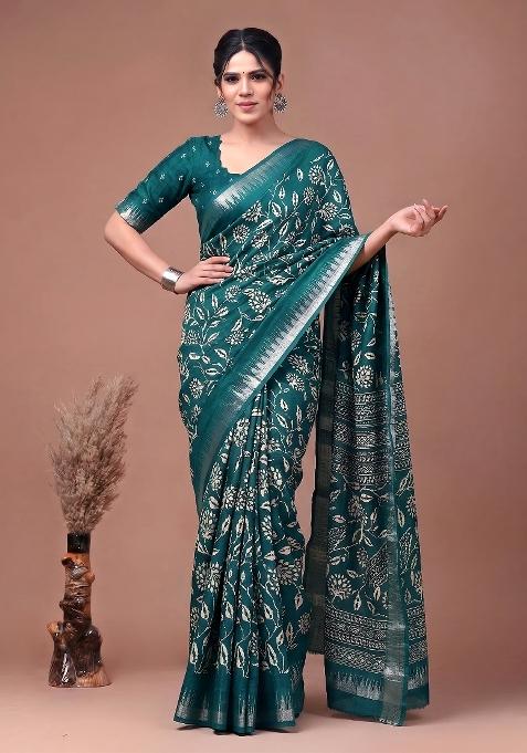 Pine Green Floral Print Silk Saree Set
