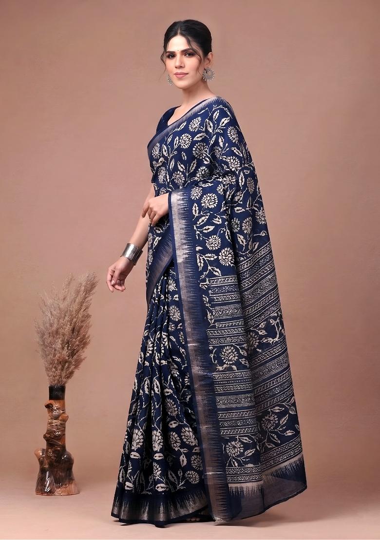 Navy Blue Floral Print Silk Blend Saree Set - Indya