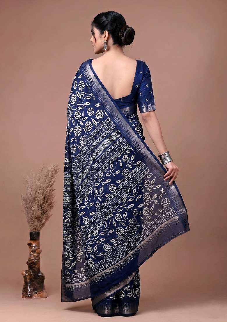Navy Blue Floral Print Silk Blend Saree Set for Diwali and Festive Wear - Indya