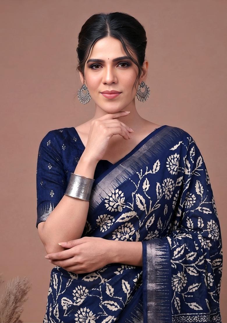 Navy Blue Floral Print Silk Blend Saree Set - Indya