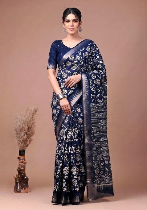 Navy Blue Floral Print Silk Blend Saree Set