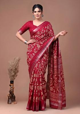Cherry Red Floral Print Silk Blend Saree Set