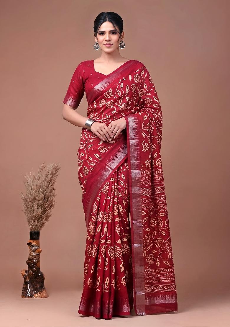 Cherry Red Floral Print Silk Blend Saree Set - Indya