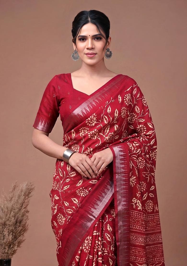 Cherry Red Floral Print Silk Blend Saree Set - Indya