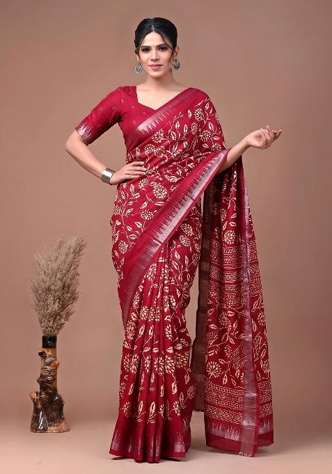 Cherry Red Floral Print Silk Blend Saree Set