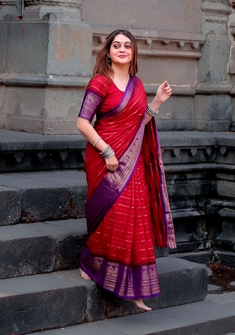 Red Zari Work Crepe Saree Set - Indya